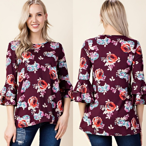 Betsy Red Tops - 💖Burgundy Floral Ruffle Sleeve Tunic Top